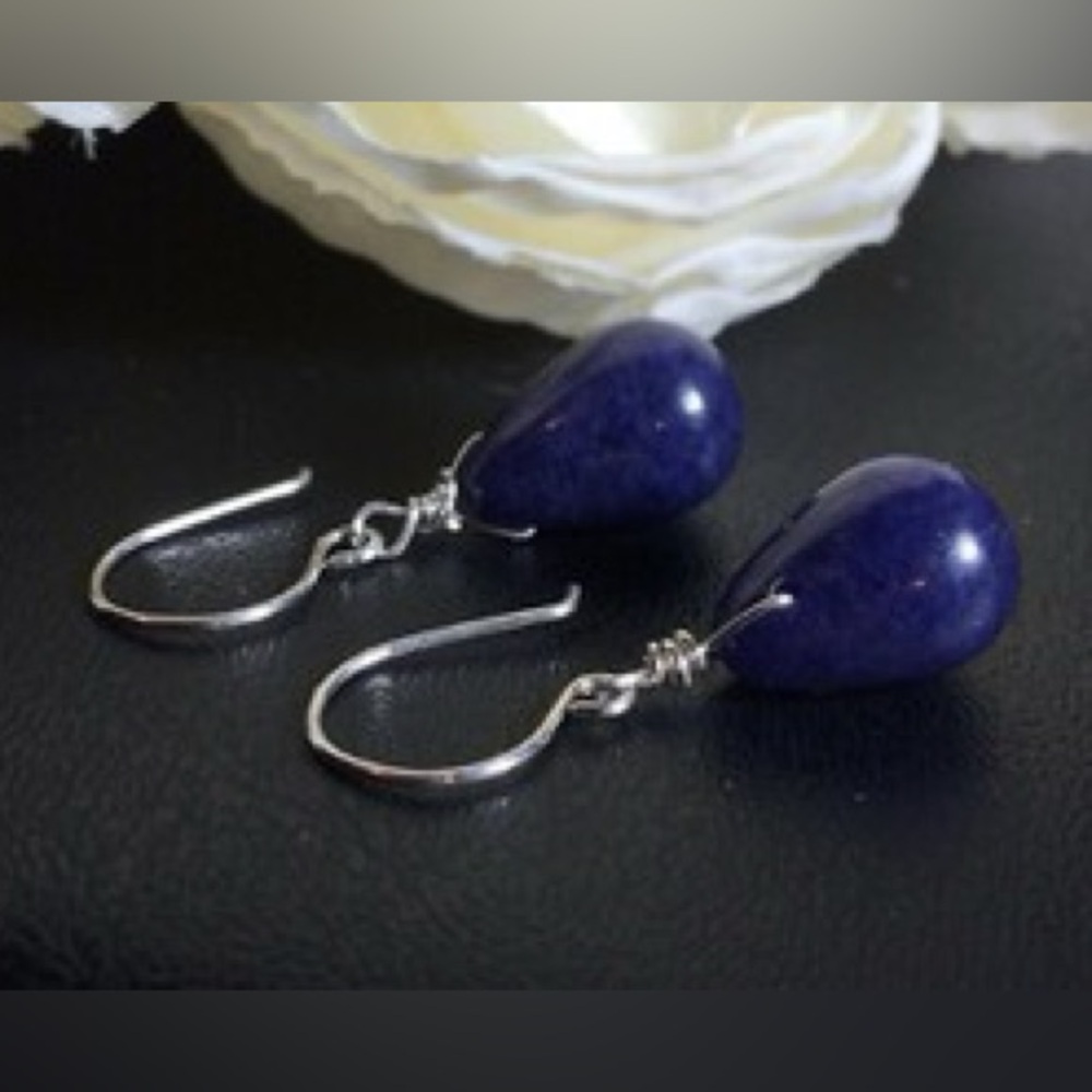Sterling Silver & Sodalite Teardrop Earrings Natural Blue Gemstone Dangles